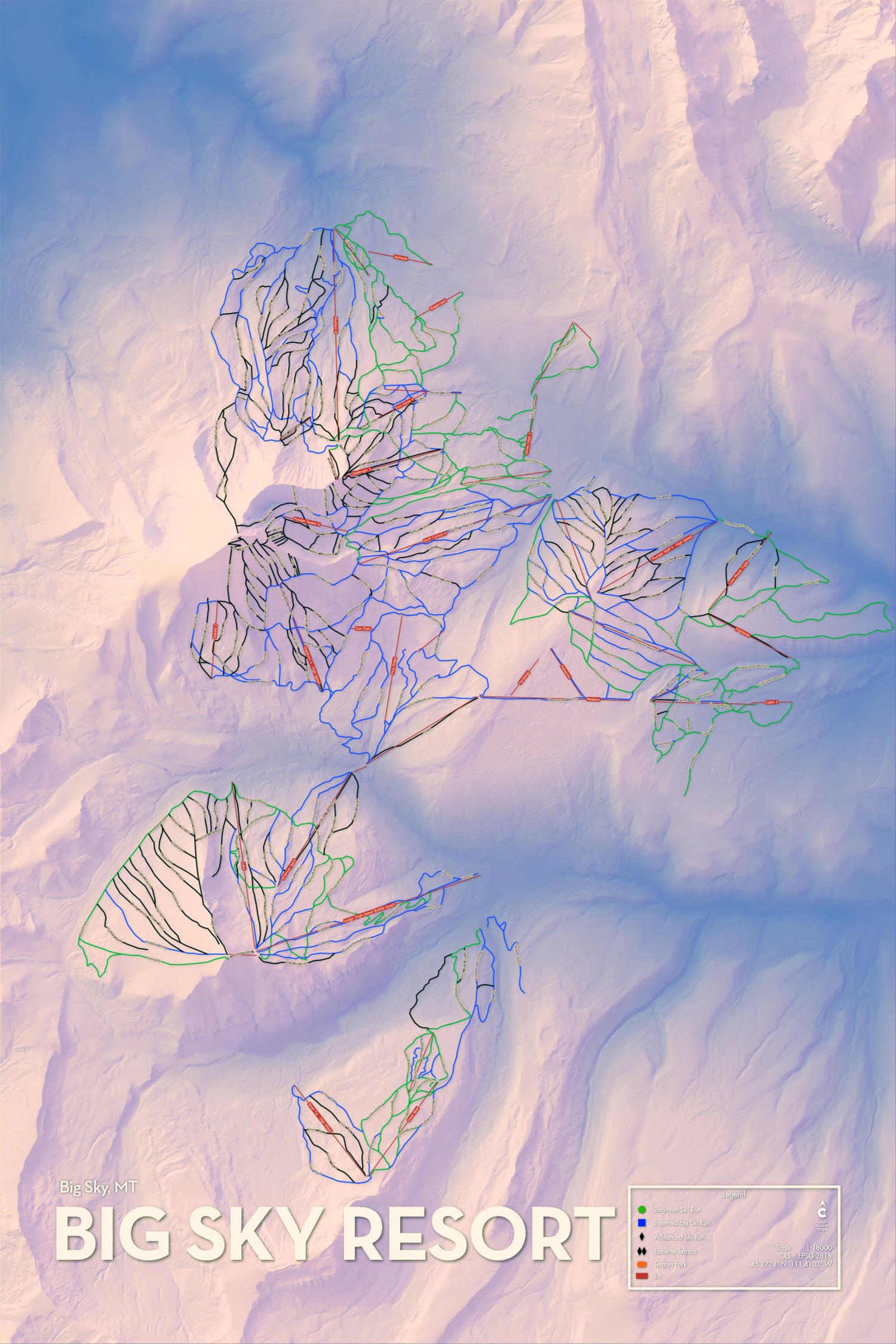 Big Sky Ski Resort - Artistic Map Print - Sunrise Edition