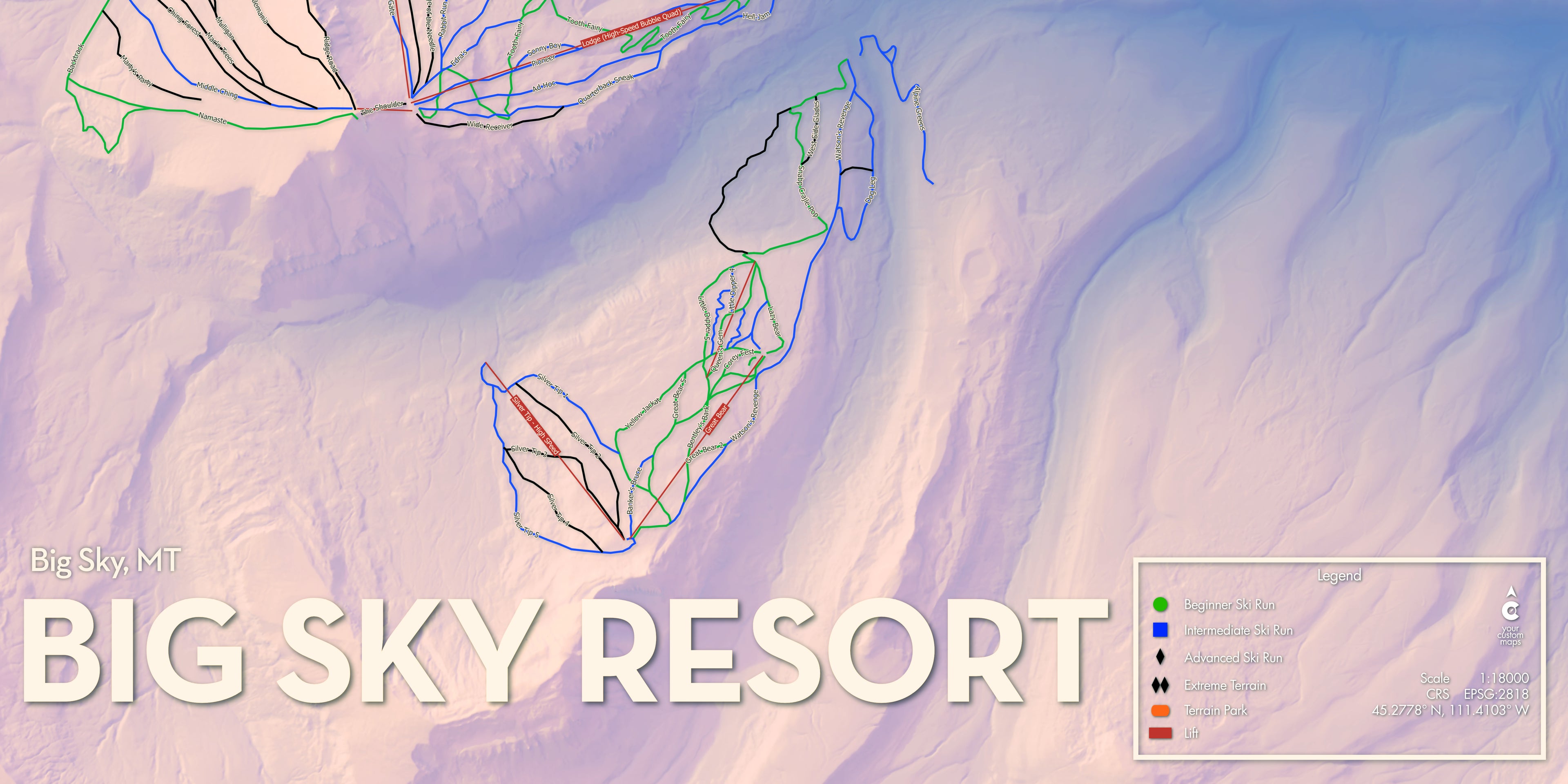 Big Sky Ski Resort - Artistic Map Print - Sunrise Edition