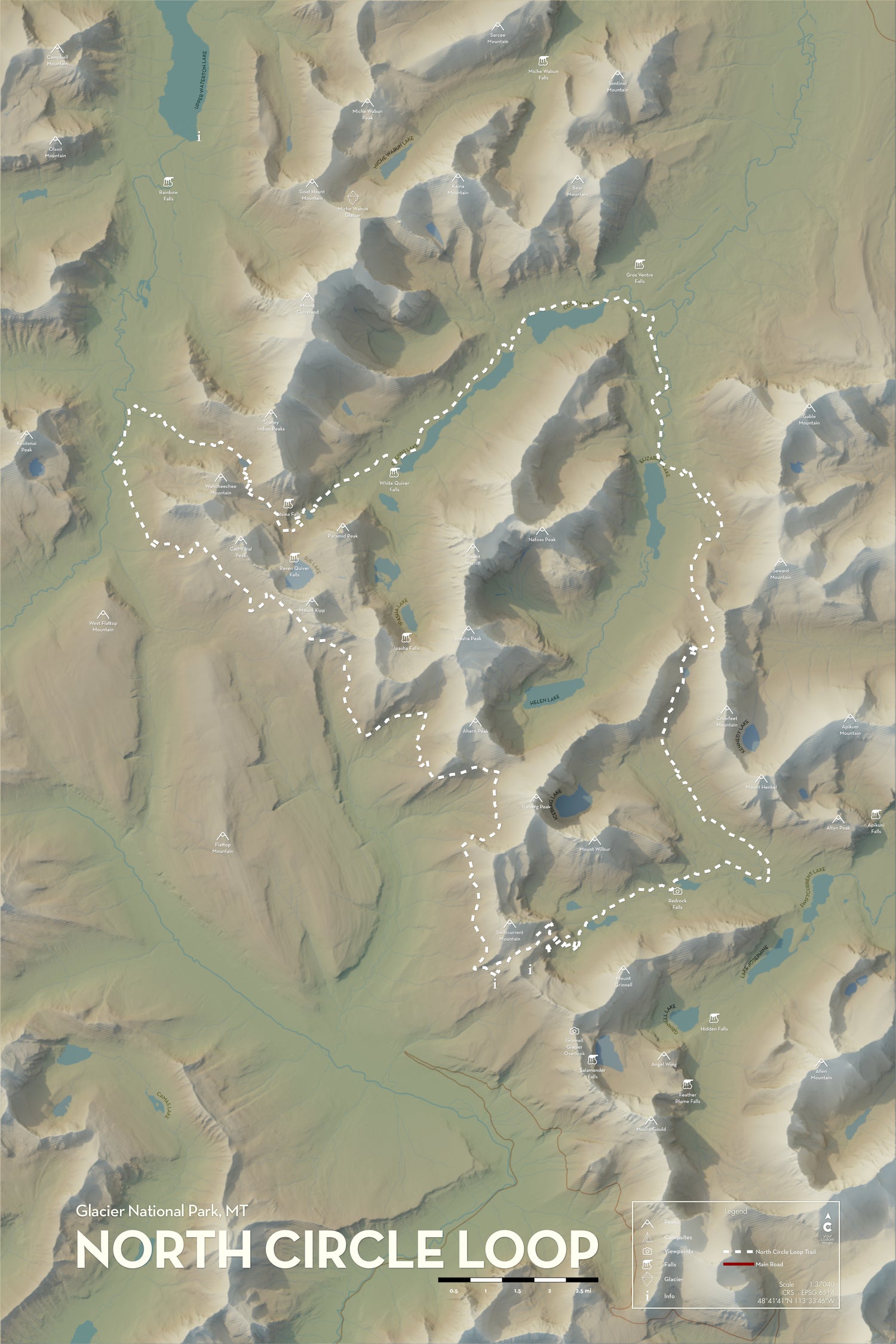 North Circle Loop Trail - Glacier National Park - Artistic Map Print