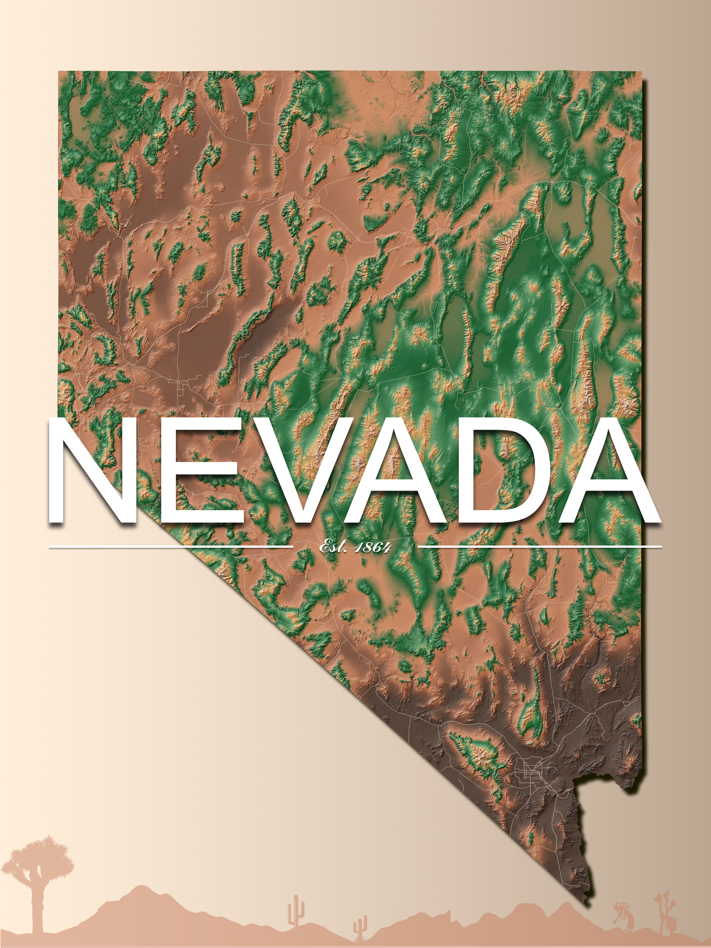 Nevada State Elevation Map Print - Shaded Relief & Highways