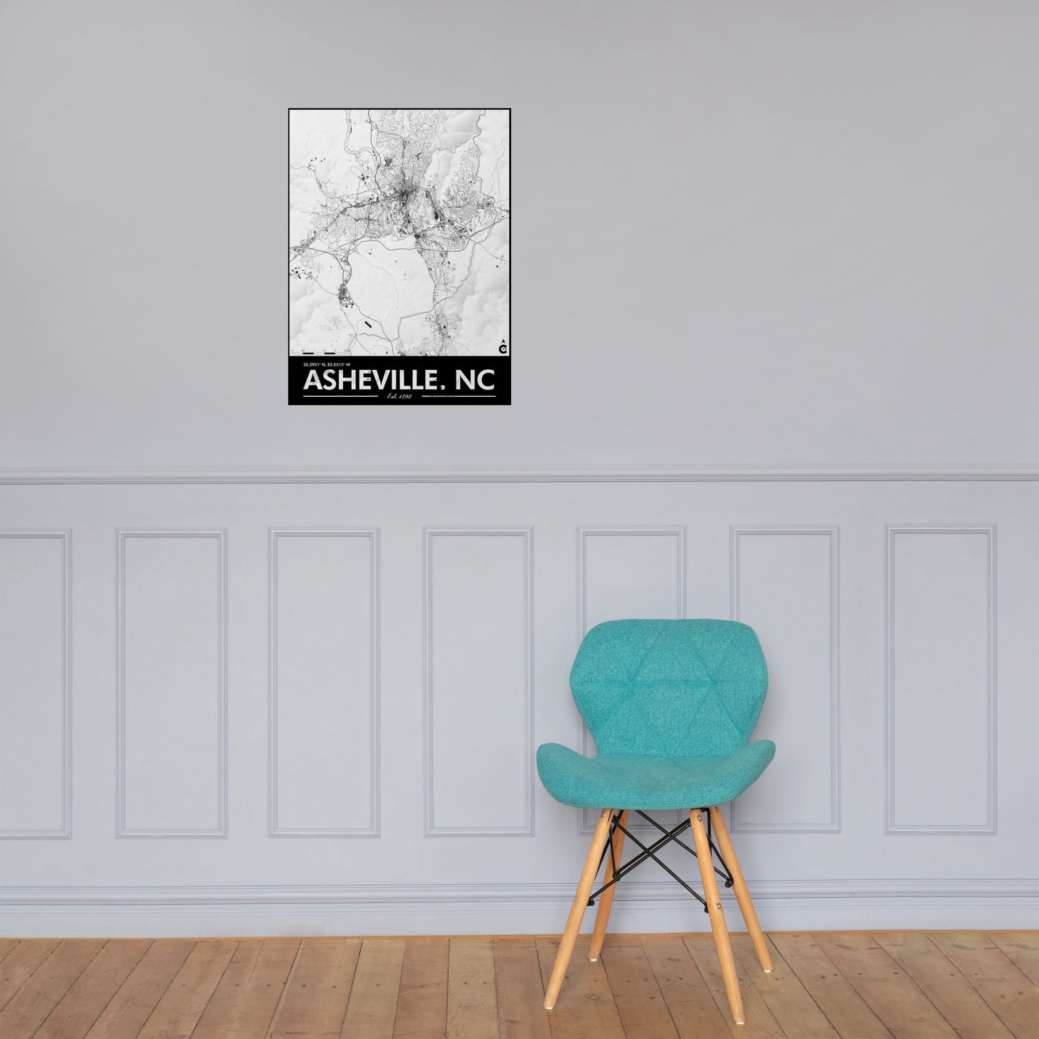 Asheville North Carolina Minimalist Poster - White with Black Details and Elevation