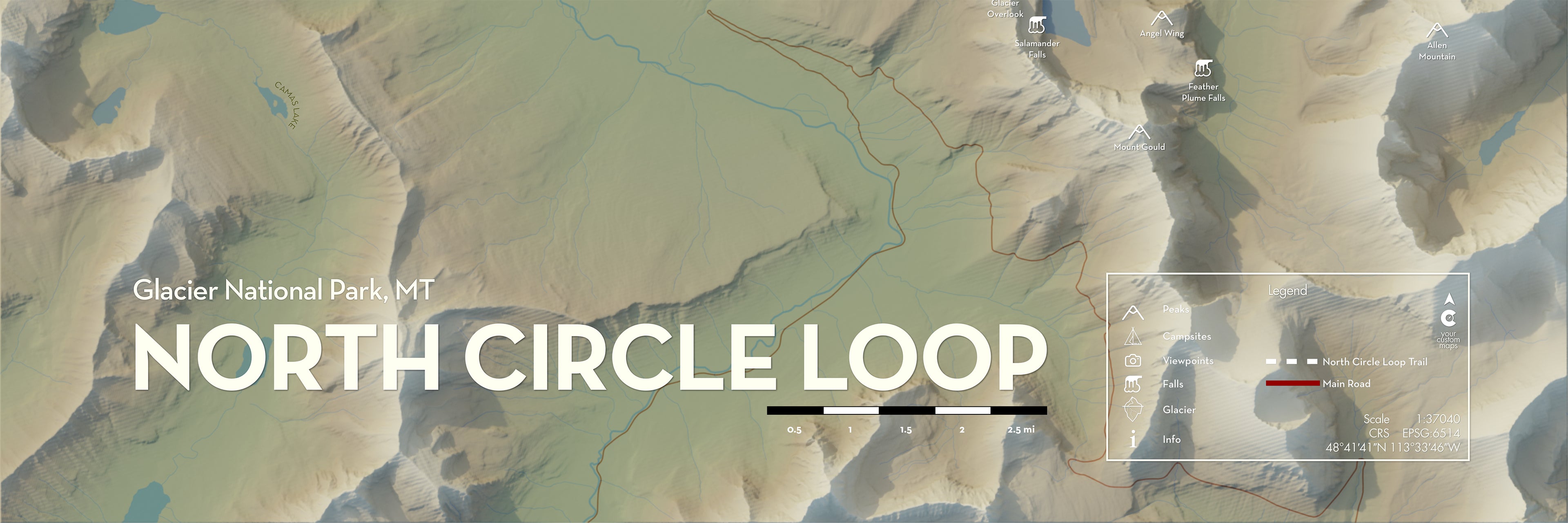 North Circle Loop Trail - Glacier National Park - Artistic Map Print