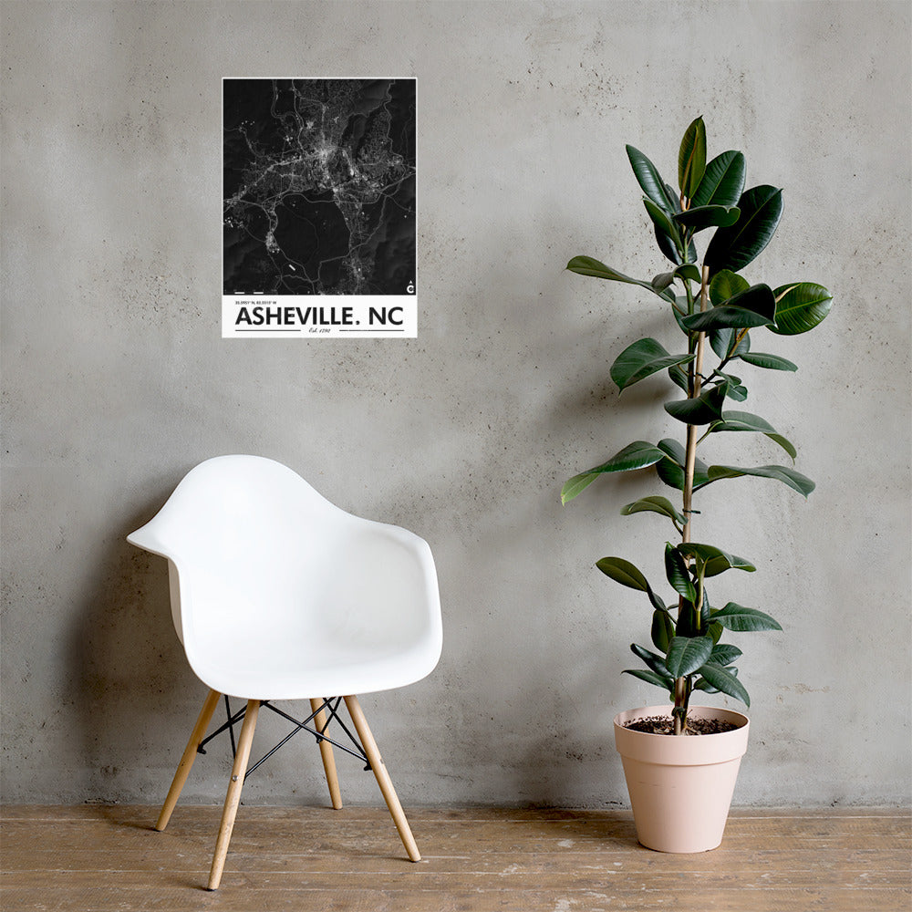 Asheville North Carolina Minimalist Poster - Black with White Details and Elevation