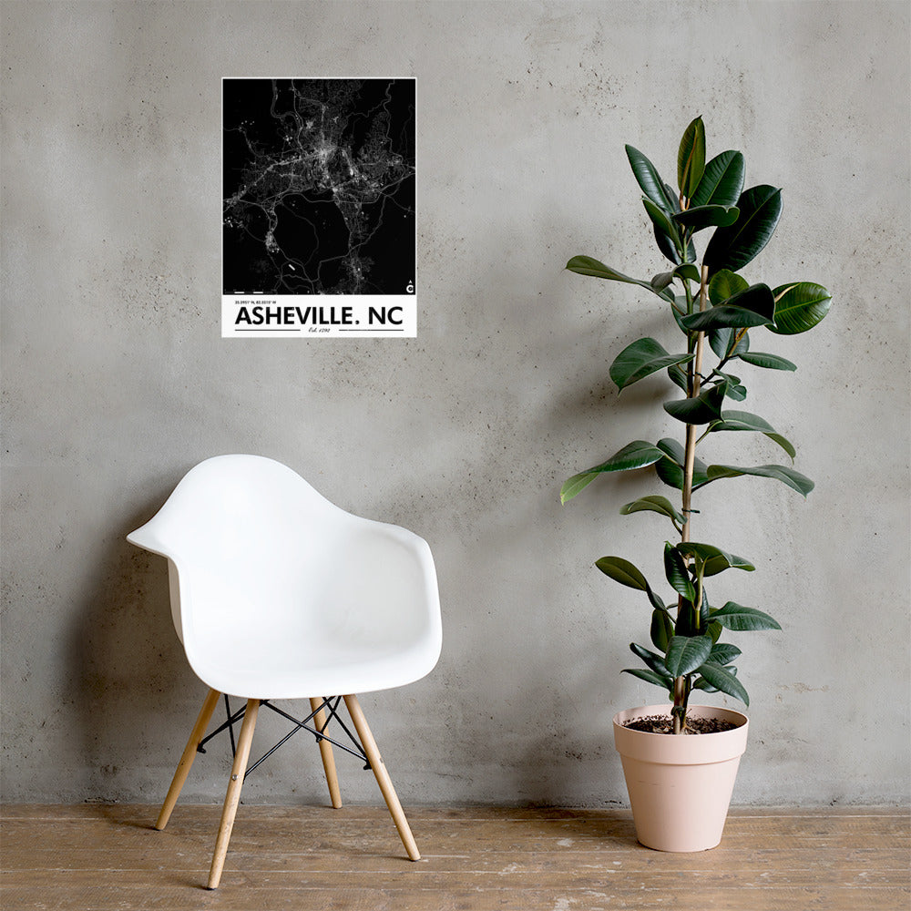 Asheville North Carolina Minimalist Poster - Black with White Details