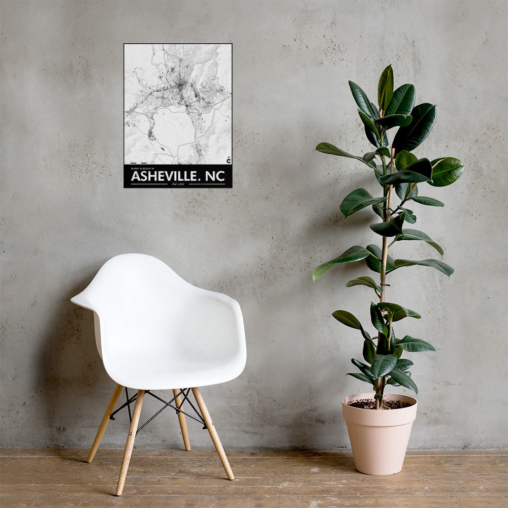 Asheville North Carolina Minimalist Poster - White with Black Details and Elevation