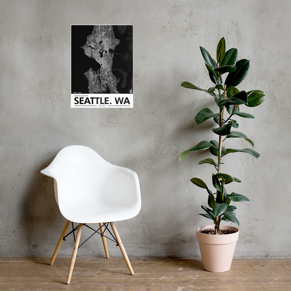 Seattle Washington Minimalist Poster - Black with White Details and Elevation