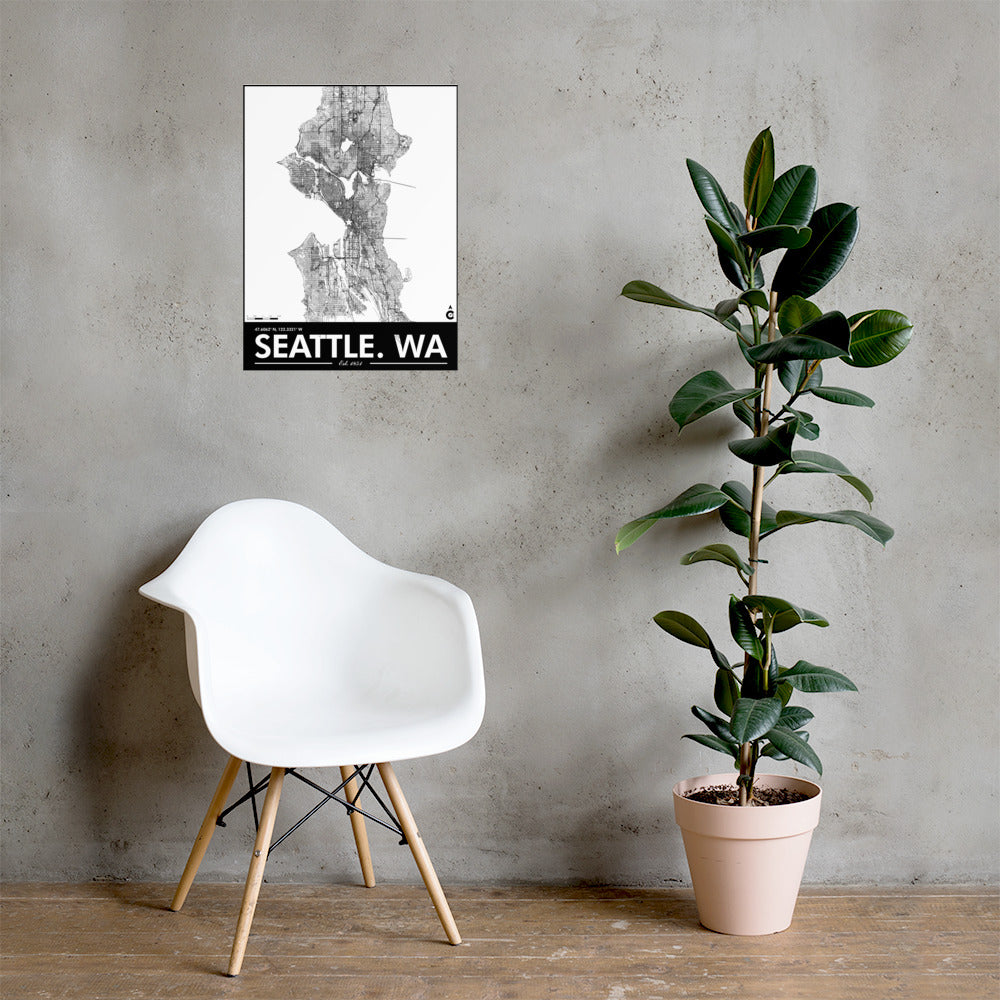 Seattle Washington Minimalist Poster - White with Black Details