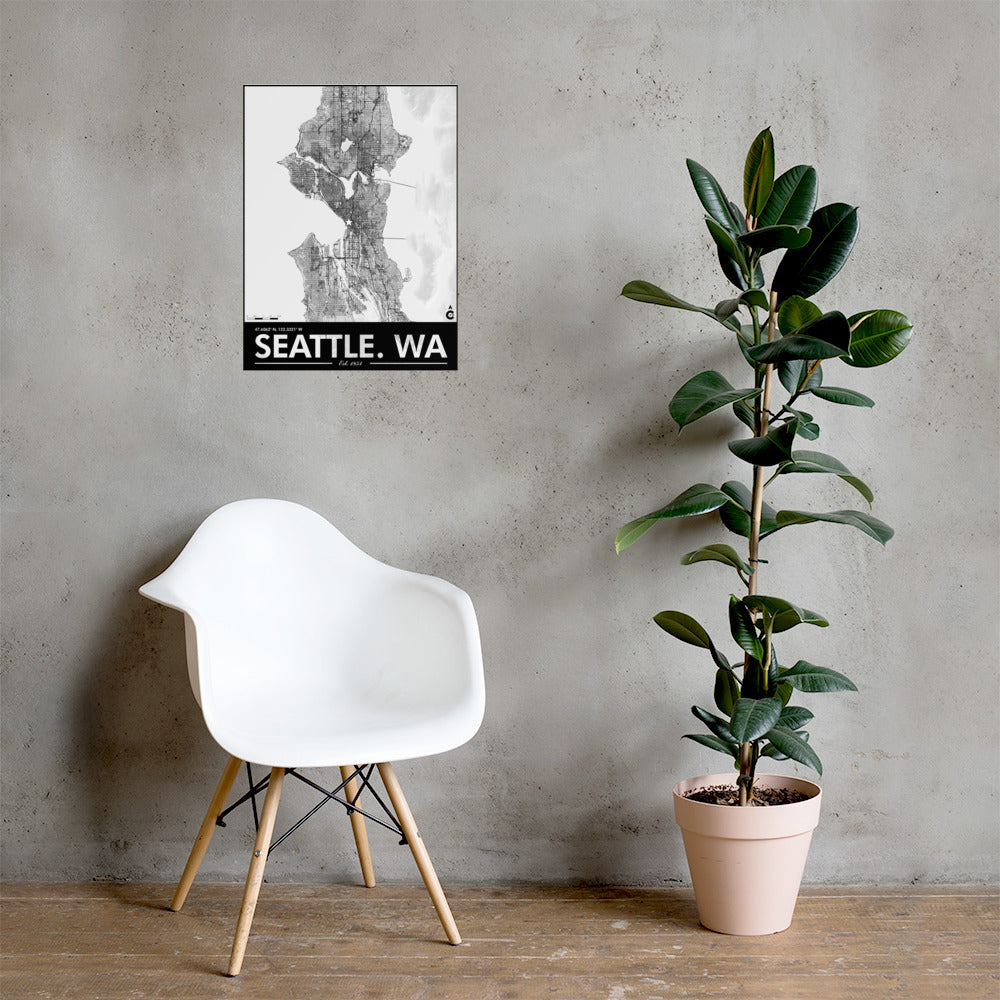 Seattle Washington Minimalist Poster - White with Black Details and Elevation