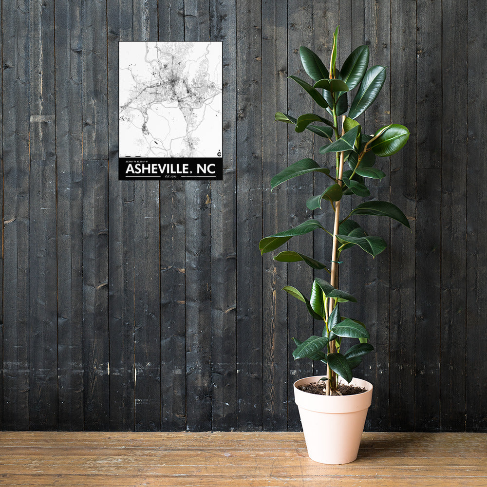 Asheville North Carolina Minimalist Poster - White with Black Details