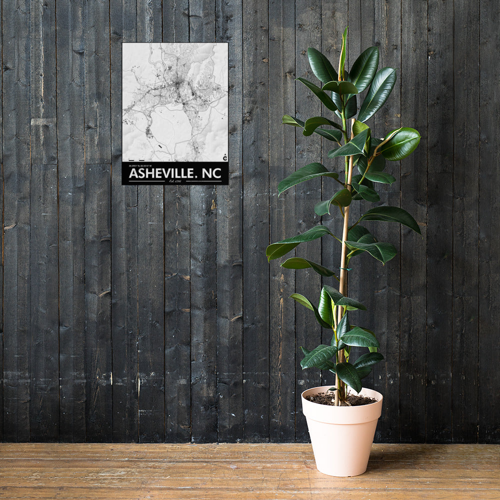 Asheville North Carolina Minimalist Poster - White with Black Details and Elevation