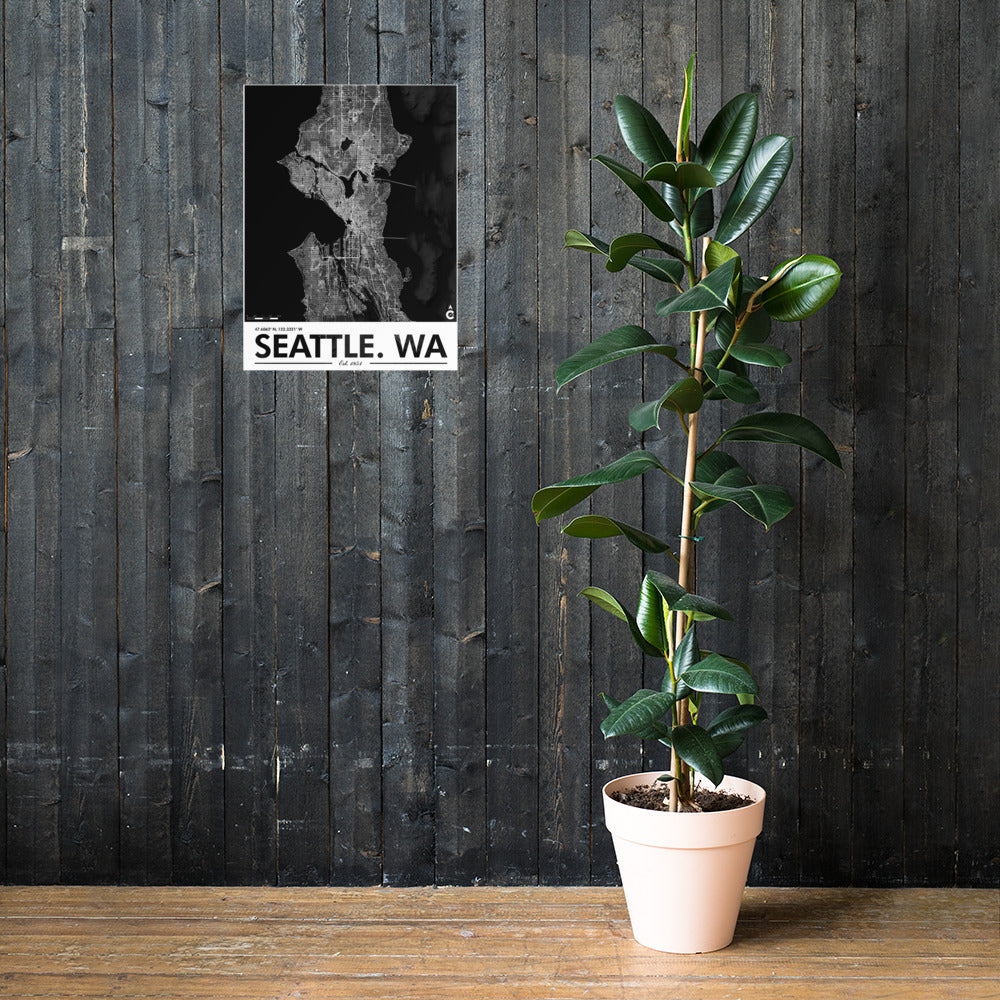 Seattle Washington Minimalist Poster - Black with White Details and Elevation