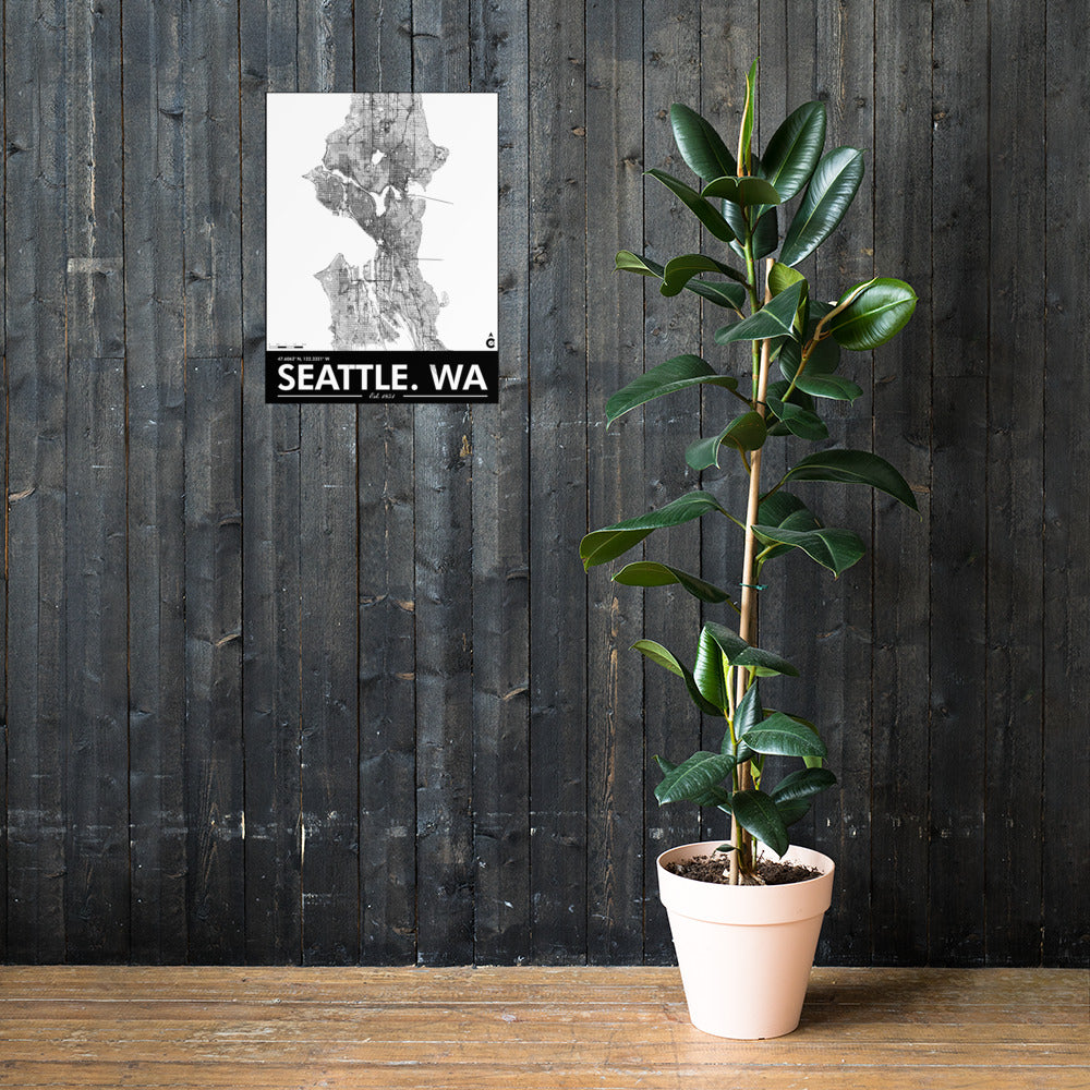 Seattle Washington Minimalist Poster - White with Black Details