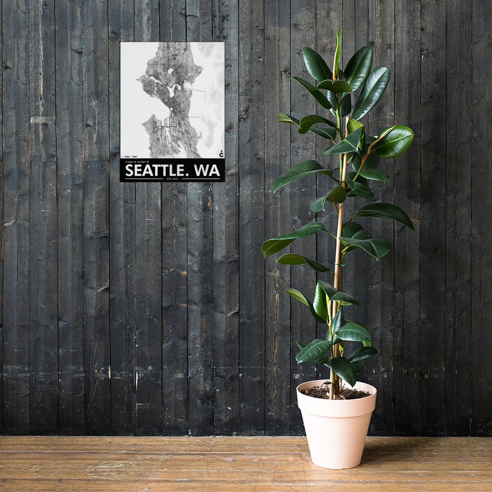 Seattle Washington Minimalist Poster - White with Black Details and Elevation