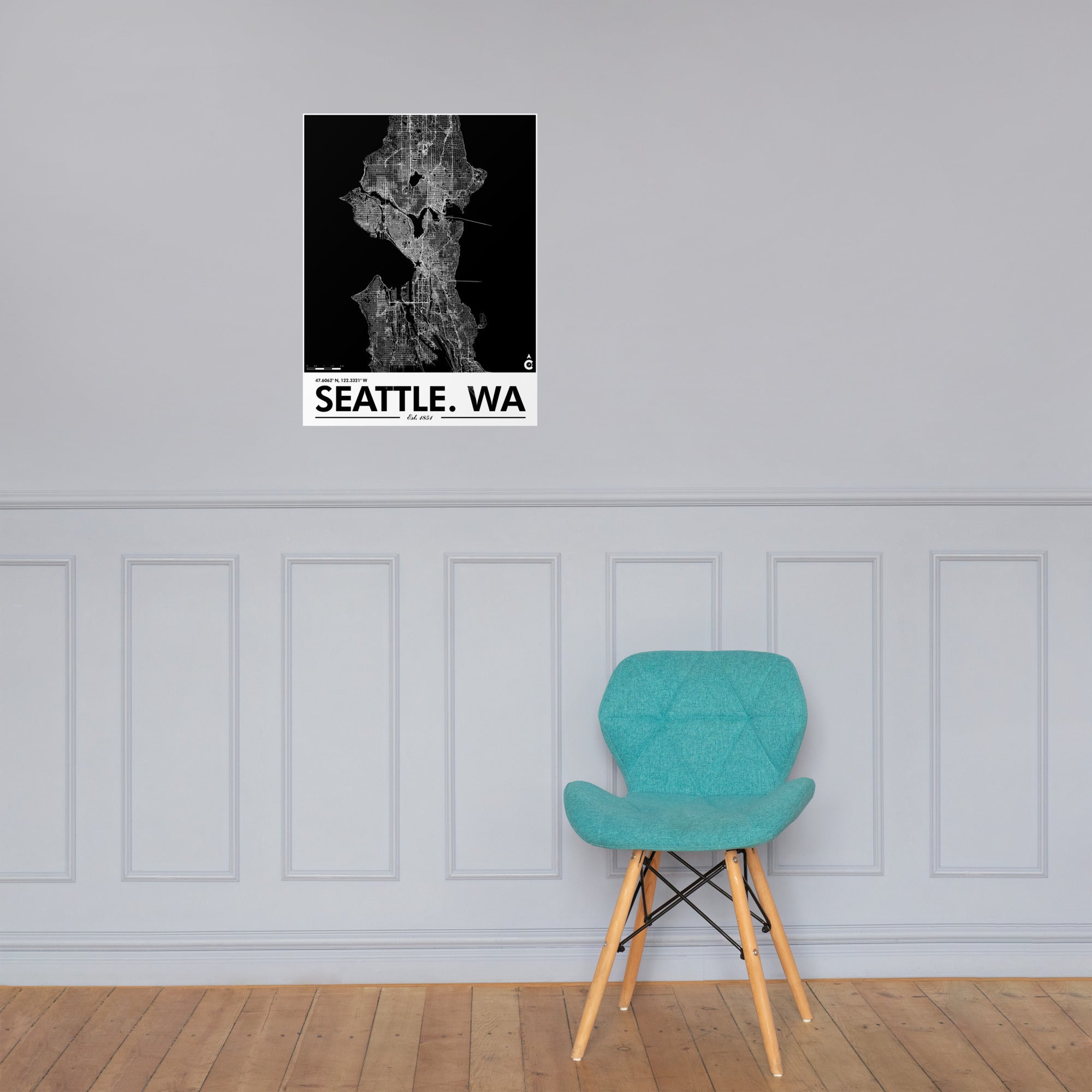 Seattle Washington Minimalist Poster - Black with White Details