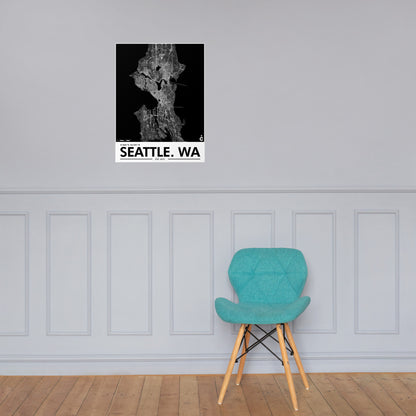 Seattle Washington Minimalist Poster - Black with White Details